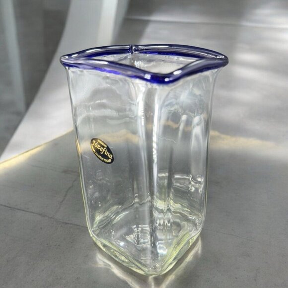 Krosno Jozefina Hand Blown Glass Vase Made In Poland Clear Cobalt Blue Edges VTG - Picture 3 of 16